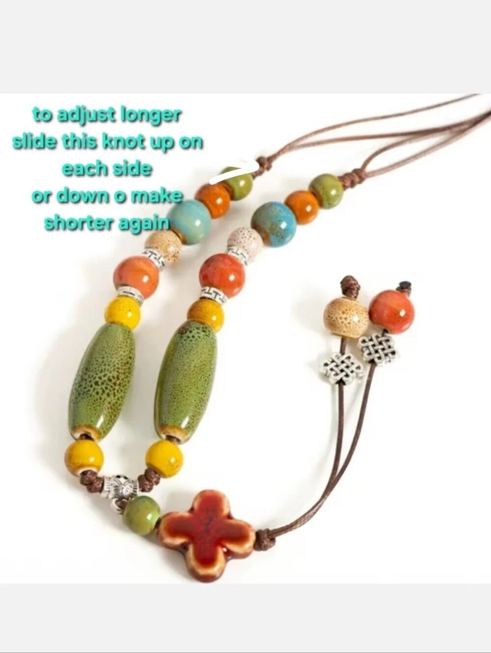 New! Earthy Ceramic Cross Necklace | Beaded Adjustable Wax Cord | (1035gh) NWOT